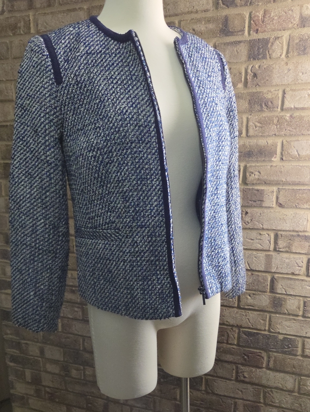Talbots Blue Tweed Open-Front Jacket with Navy Trim